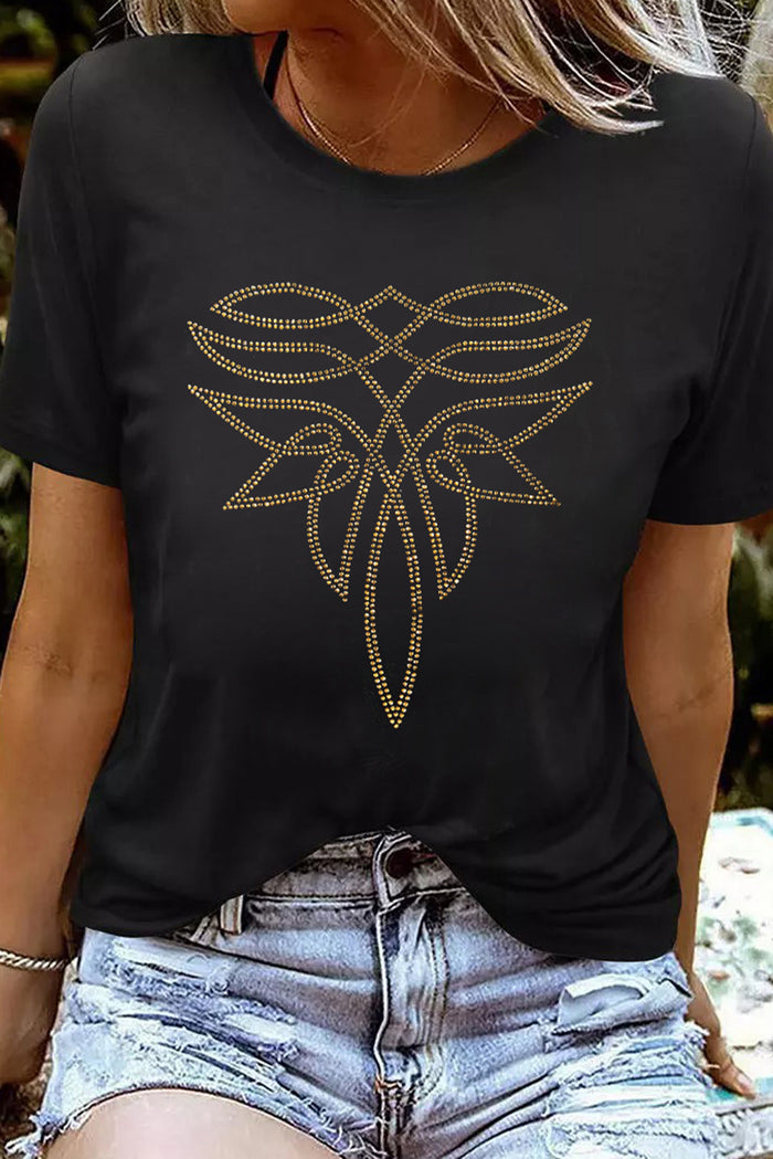 Black Rhinestone Western Pattern Cotton Blend Graphic T Shirt