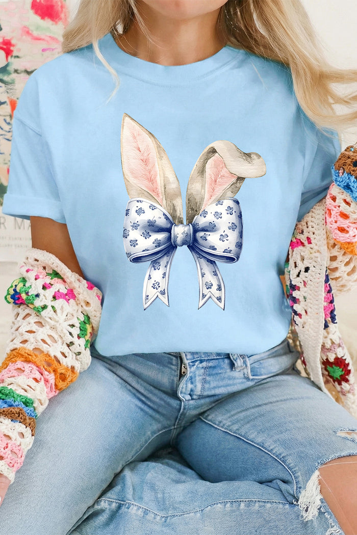 Light Blue Easter Bunny Ears Coquette Bow Graphic Tee