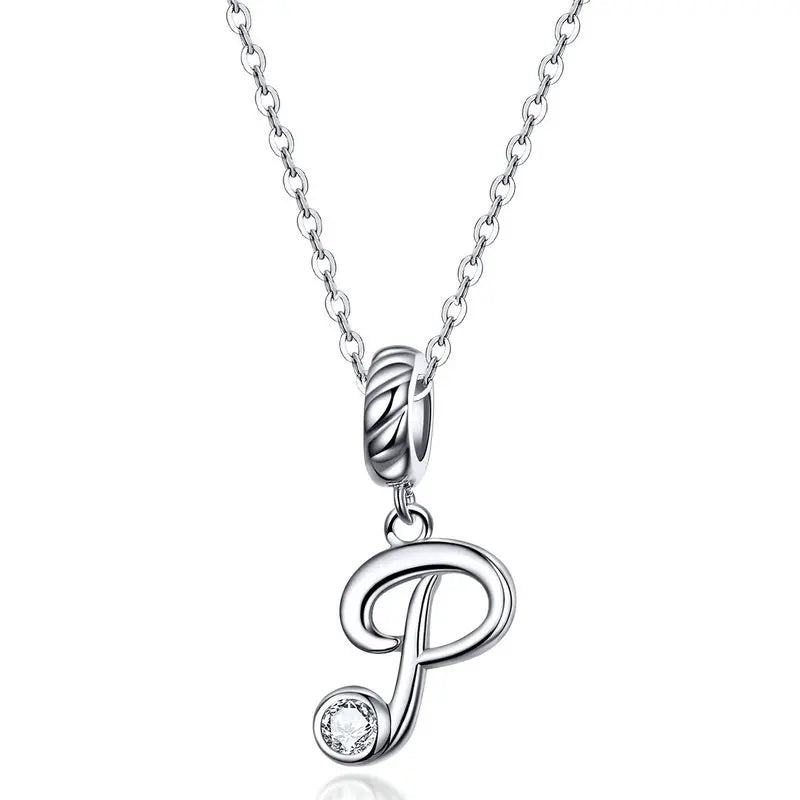 BAMOER 925 Sterling Silver Vintage Letter A to Z Pendant Necklace Initial Long Chain Necklace Platinum Plated Women Fine Jewelry