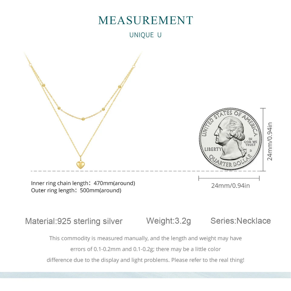 BAMOER 925 Sterling Silver Heart Pendant Necklace for Women Gold Double Layer Choker Female Fine Jewelry BSN168