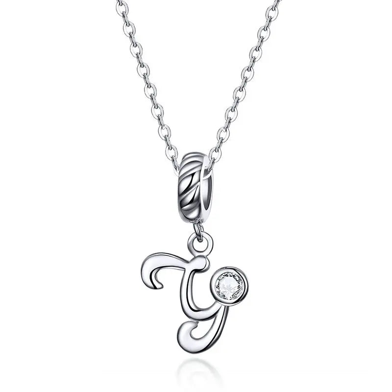 BAMOER 925 Sterling Silver Vintage Letter A to Z Pendant Necklace Initial Long Chain Necklace Platinum Plated Women Fine Jewelry