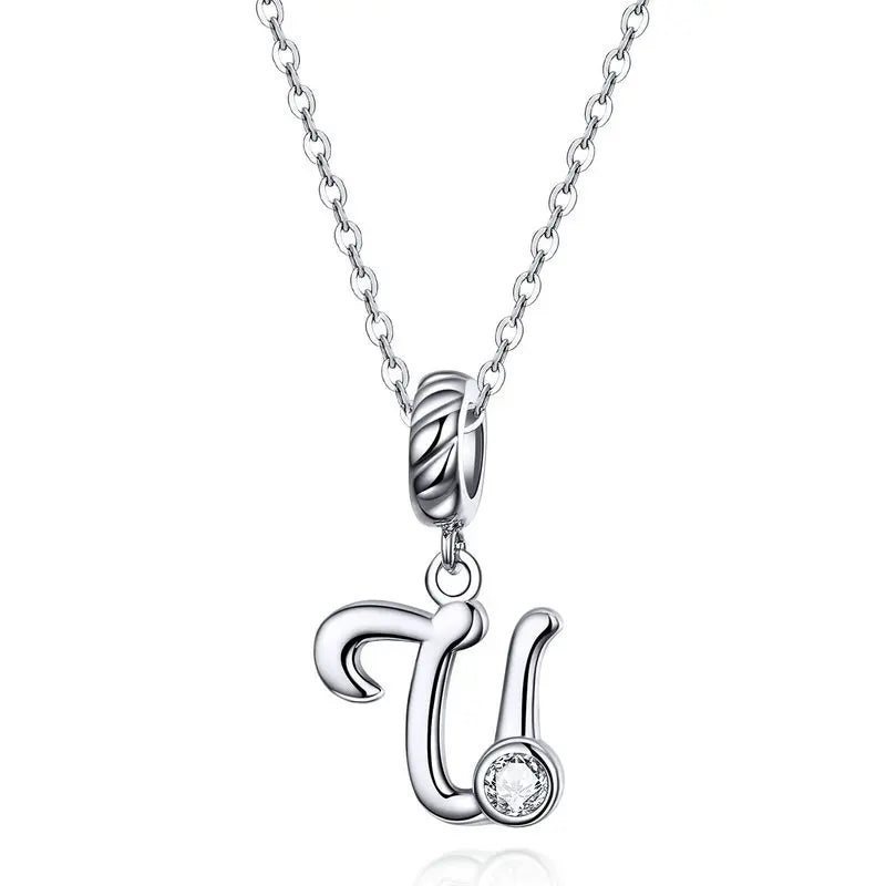 BAMOER 925 Sterling Silver Vintage Letter A to Z Pendant Necklace Initial Long Chain Necklace Platinum Plated Women Fine Jewelry