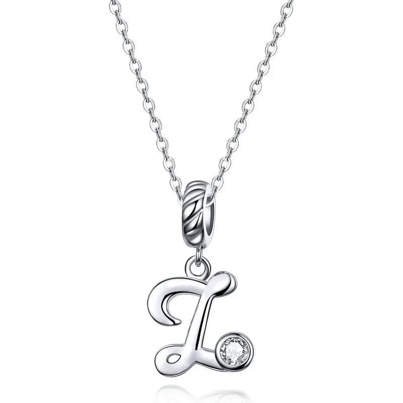 BAMOER 925 Sterling Silver Vintage Letter A to Z Pendant Necklace Initial Long Chain Necklace Platinum Plated Women Fine Jewelry
