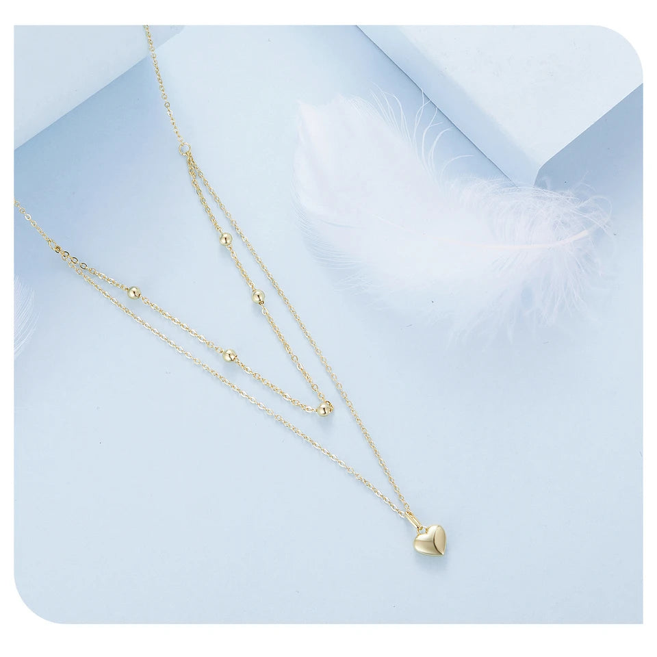 BAMOER 925 Sterling Silver Heart Pendant Necklace for Women Gold Double Layer Choker Female Fine Jewelry BSN168
