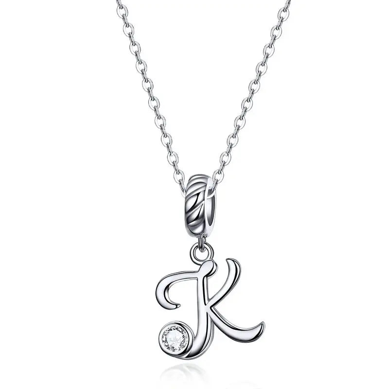 BAMOER 925 Sterling Silver Vintage Letter A to Z Pendant Necklace Initial Long Chain Necklace Platinum Plated Women Fine Jewelry