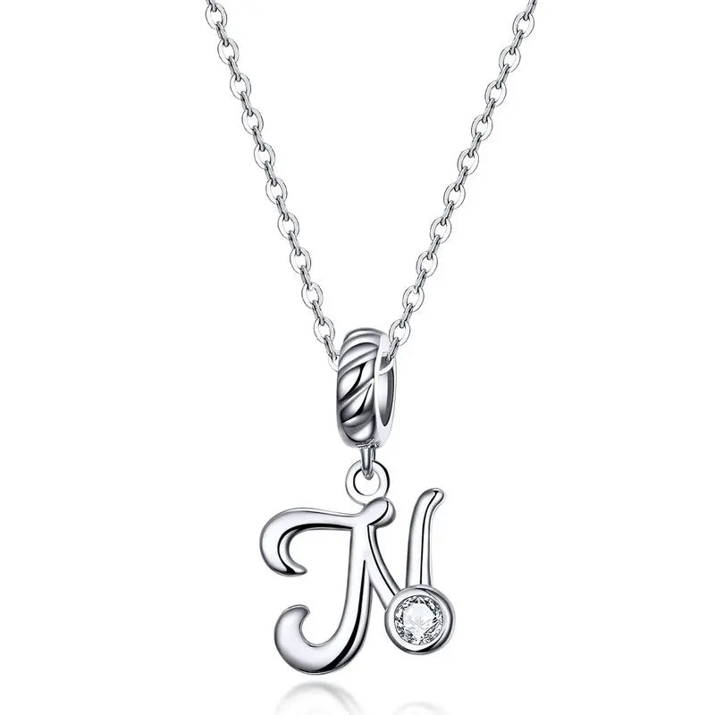 BAMOER 925 Sterling Silver Vintage Letter A to Z Pendant Necklace Initial Long Chain Necklace Platinum Plated Women Fine Jewelry