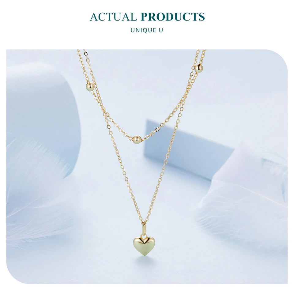 BAMOER 925 Sterling Silver Heart Pendant Necklace for Women Gold Double Layer Choker Female Fine Jewelry BSN168