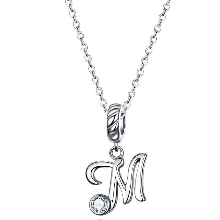 BAMOER 925 Sterling Silver Vintage Letter A to Z Pendant Necklace Initial Long Chain Necklace Platinum Plated Women Fine Jewelry