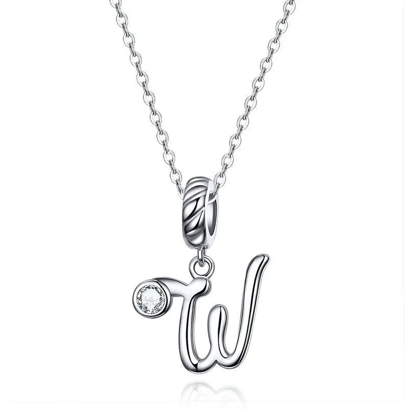 BAMOER 925 Sterling Silver Vintage Letter A to Z Pendant Necklace Initial Long Chain Necklace Platinum Plated Women Fine Jewelry
