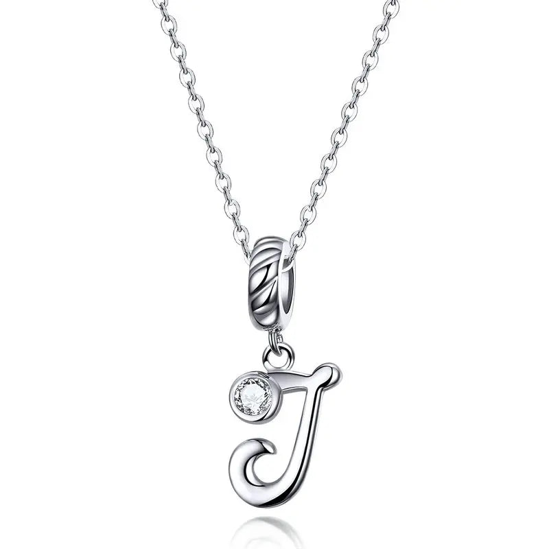BAMOER 925 Sterling Silver Vintage Letter A to Z Pendant Necklace Initial Long Chain Necklace Platinum Plated Women Fine Jewelry