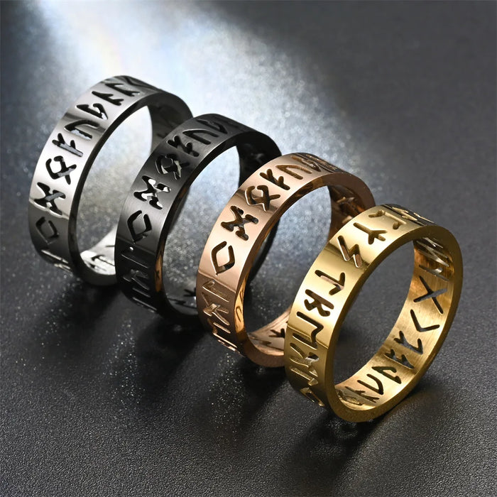 Nordic Hollowout Odin Amulet Vintage Rune Ring for Men Stainless Steel Character Ring Wedding Jewelry Valentine's Day Charm Gift