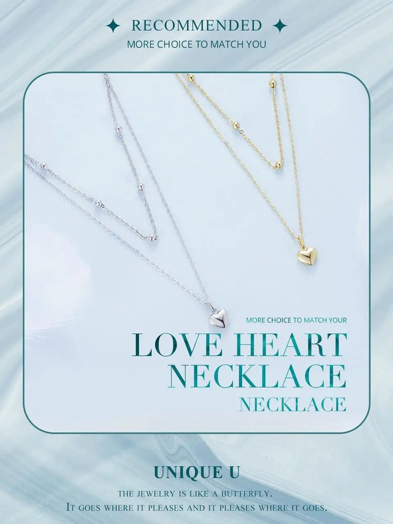 BAMOER 925 Sterling Silver Heart Pendant Necklace for Women Gold Double Layer Choker Female Fine Jewelry BSN168