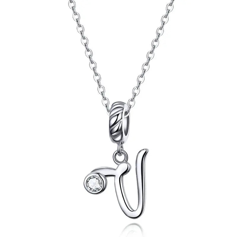 BAMOER 925 Sterling Silver Vintage Letter A to Z Pendant Necklace Initial Long Chain Necklace Platinum Plated Women Fine Jewelry