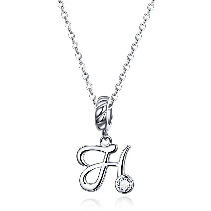 BAMOER 925 Sterling Silver Vintage Letter A to Z Pendant Necklace Initial Long Chain Necklace Platinum Plated Women Fine Jewelry