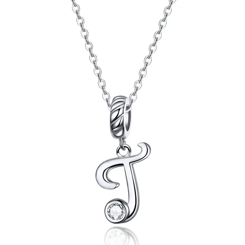 BAMOER 925 Sterling Silver Vintage Letter A to Z Pendant Necklace Initial Long Chain Necklace Platinum Plated Women Fine Jewelry