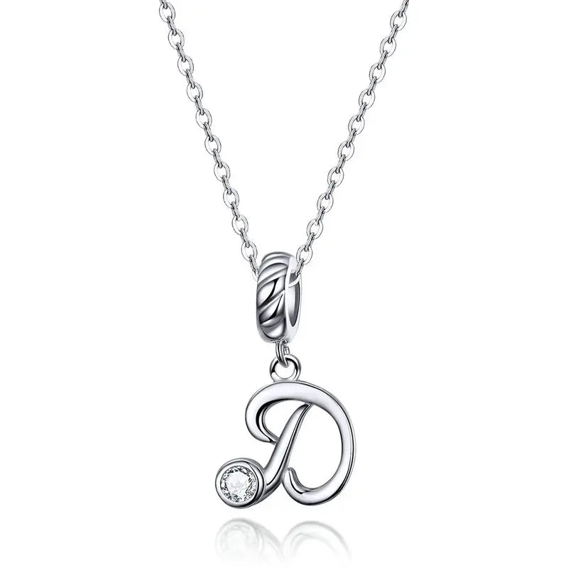 BAMOER 925 Sterling Silver Vintage Letter A to Z Pendant Necklace Initial Long Chain Necklace Platinum Plated Women Fine Jewelry