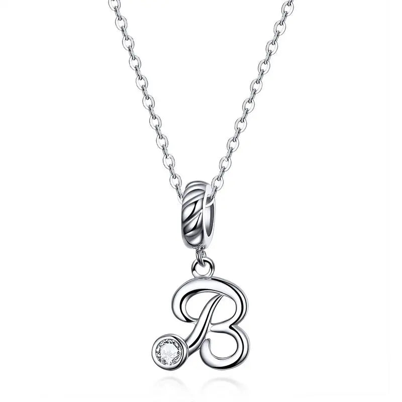 BAMOER 925 Sterling Silver Vintage Letter A to Z Pendant Necklace Initial Long Chain Necklace Platinum Plated Women Fine Jewelry