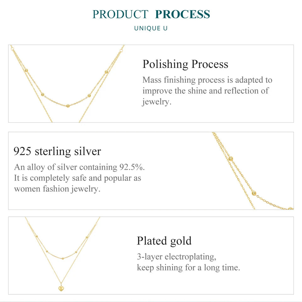BAMOER 925 Sterling Silver Heart Pendant Necklace for Women Gold Double Layer Choker Female Fine Jewelry BSN168