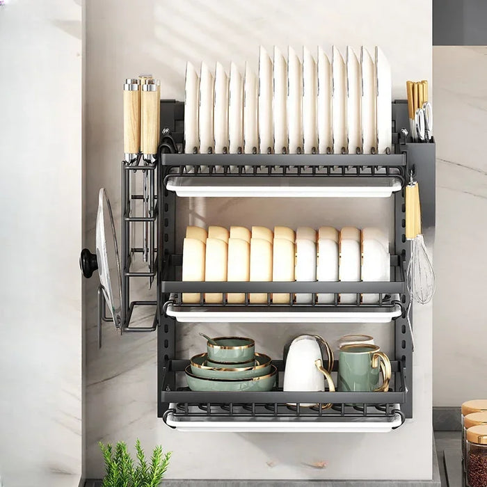Kitchen Dish Rack Wall Mounted Multifunctional Storage Rack No-hole Cupboard with Chopsticks Knives Plates Draining Storage