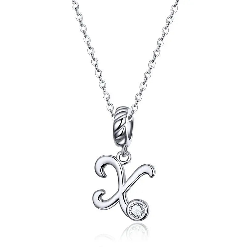 BAMOER 925 Sterling Silver Vintage Letter A to Z Pendant Necklace Initial Long Chain Necklace Platinum Plated Women Fine Jewelry
