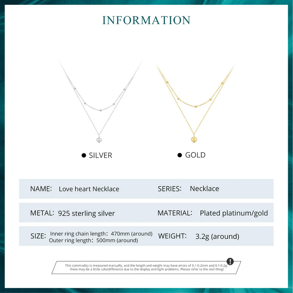 BAMOER 925 Sterling Silver Heart Pendant Necklace for Women Gold Double Layer Choker Female Fine Jewelry BSN168