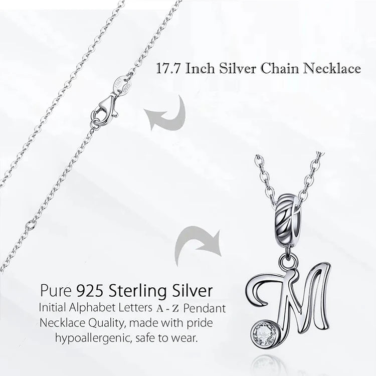 BAMOER 925 Sterling Silver Vintage Letter A to Z Pendant Necklace Initial Long Chain Necklace Platinum Plated Women Fine Jewelry