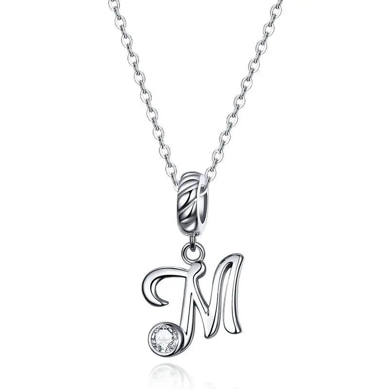 BAMOER 925 Sterling Silver Vintage Letter A to Z Pendant Necklace Initial Long Chain Necklace Platinum Plated Women Fine Jewelry