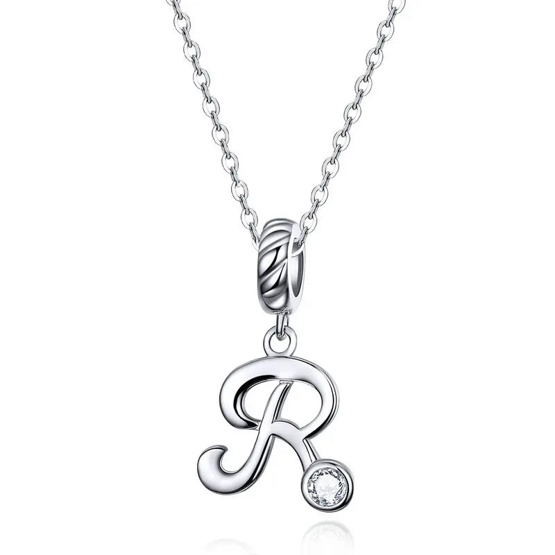 BAMOER 925 Sterling Silver Vintage Letter A to Z Pendant Necklace Initial Long Chain Necklace Platinum Plated Women Fine Jewelry