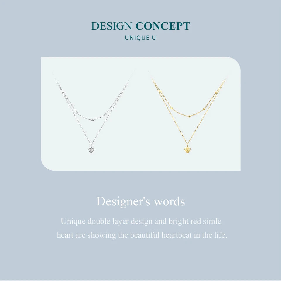 BAMOER 925 Sterling Silver Heart Pendant Necklace for Women Gold Double Layer Choker Female Fine Jewelry BSN168