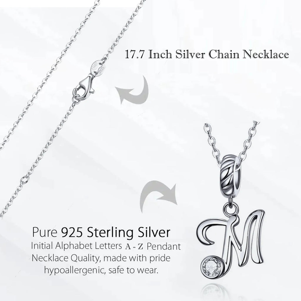 BAMOER 925 Sterling Silver Vintage Letter A to Z Pendant Necklace Initial Long Chain Necklace Platinum Plated Women Fine Jewelry