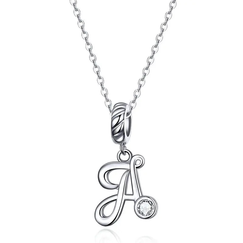 BAMOER 925 Sterling Silver Vintage Letter A to Z Pendant Necklace Initial Long Chain Necklace Platinum Plated Women Fine Jewelry